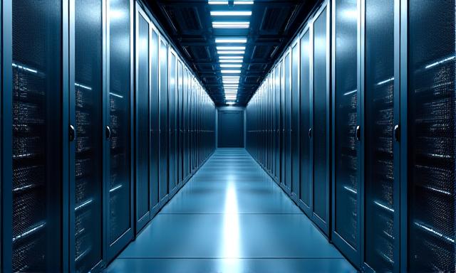 Close up of a secure server room with blue lighting and digital data streams